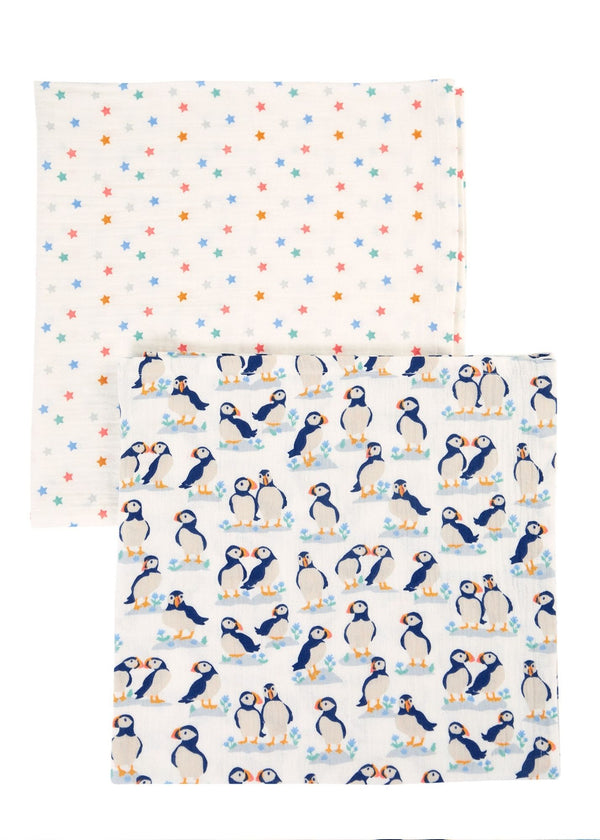 Lovely 2 Pack Muslin: PUFFIN PALS