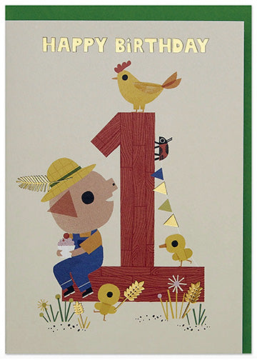Gorgeous farmer pig age 1 'Happy Birthday' Card