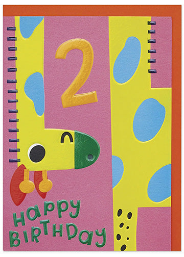 Bright and colourful playful giraffe age 2 children's Birthday card