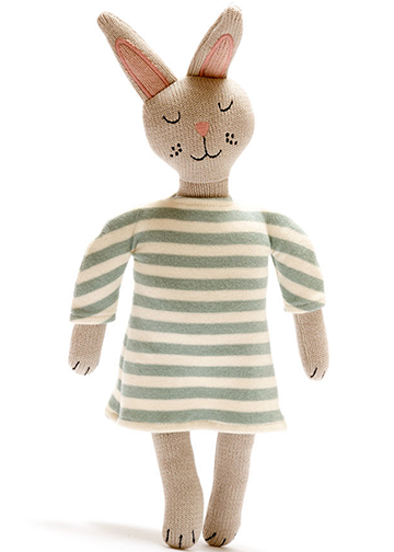 Knitted Organic Cotton Teal Bunny Doll in Stripe Dress
